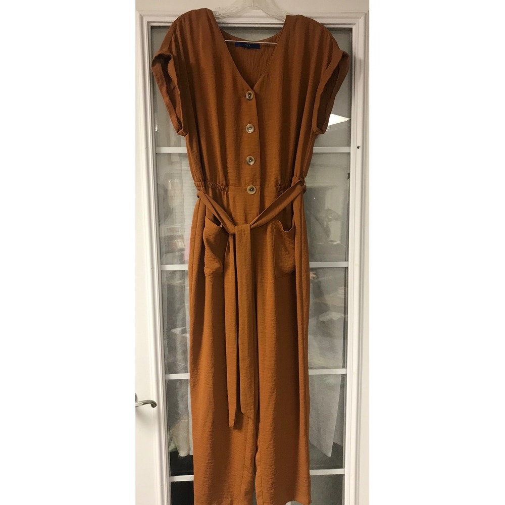 APT 9‎ Women's Rust Orange Button Front Tie Waist Wide Leg Jumpsuit Size M
